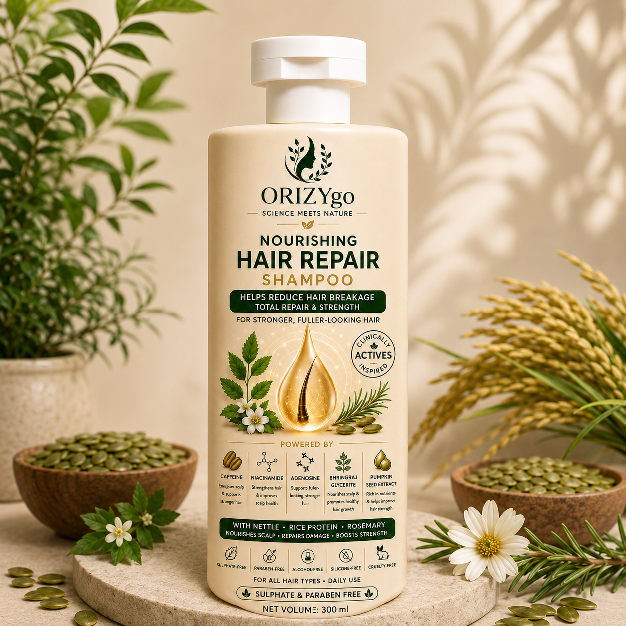 ORIZYgo Hair Repair Shampoo | Sulphate-Free Shampoo for Dry & Damaged Hair | Nourishes, Strengthens & Restores Hair