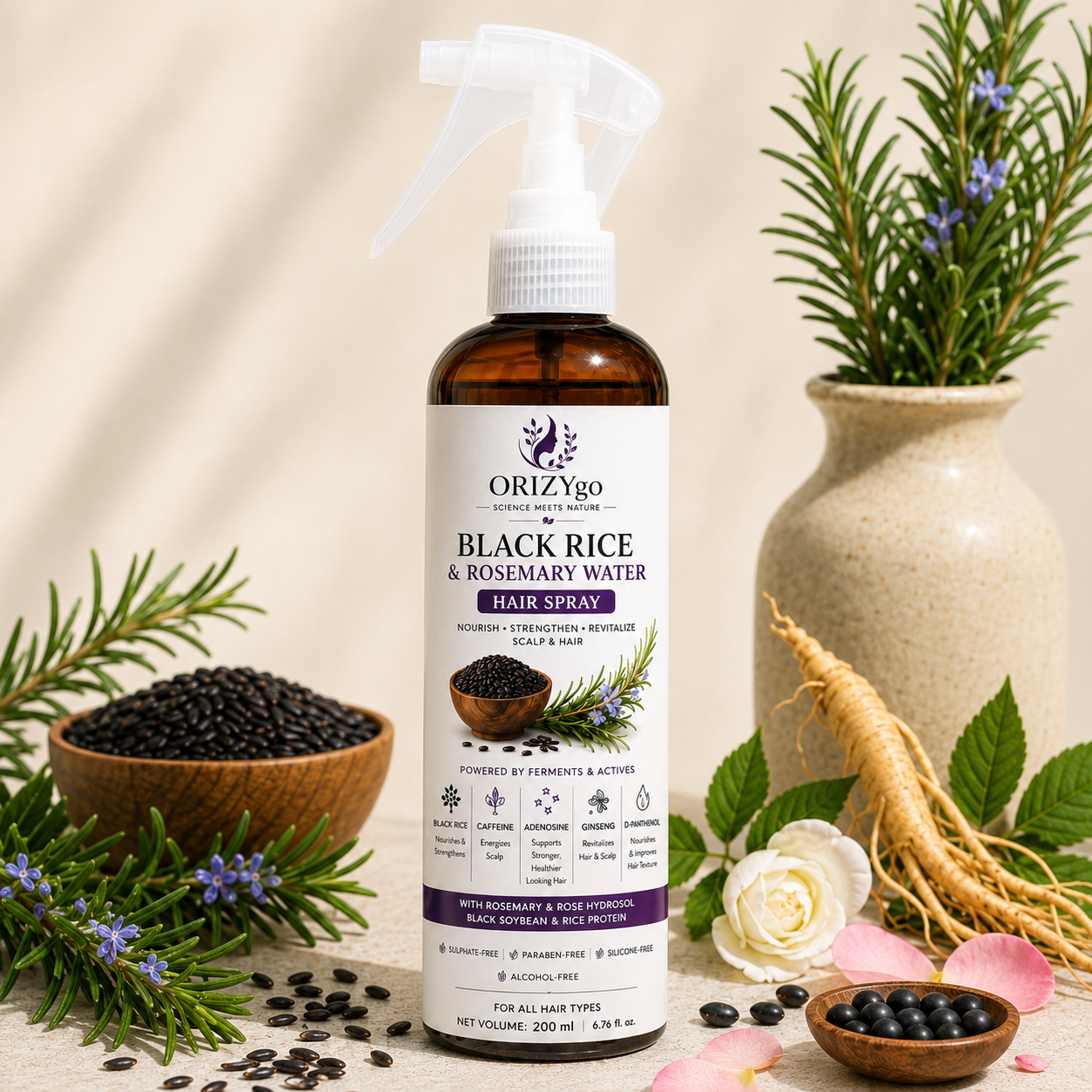 ORIZYgo Black Rice & Rosemary Water Hair Spray | Daily Hair & Scalp Mist | Hydrates, Refreshes & Adds Natural Shine