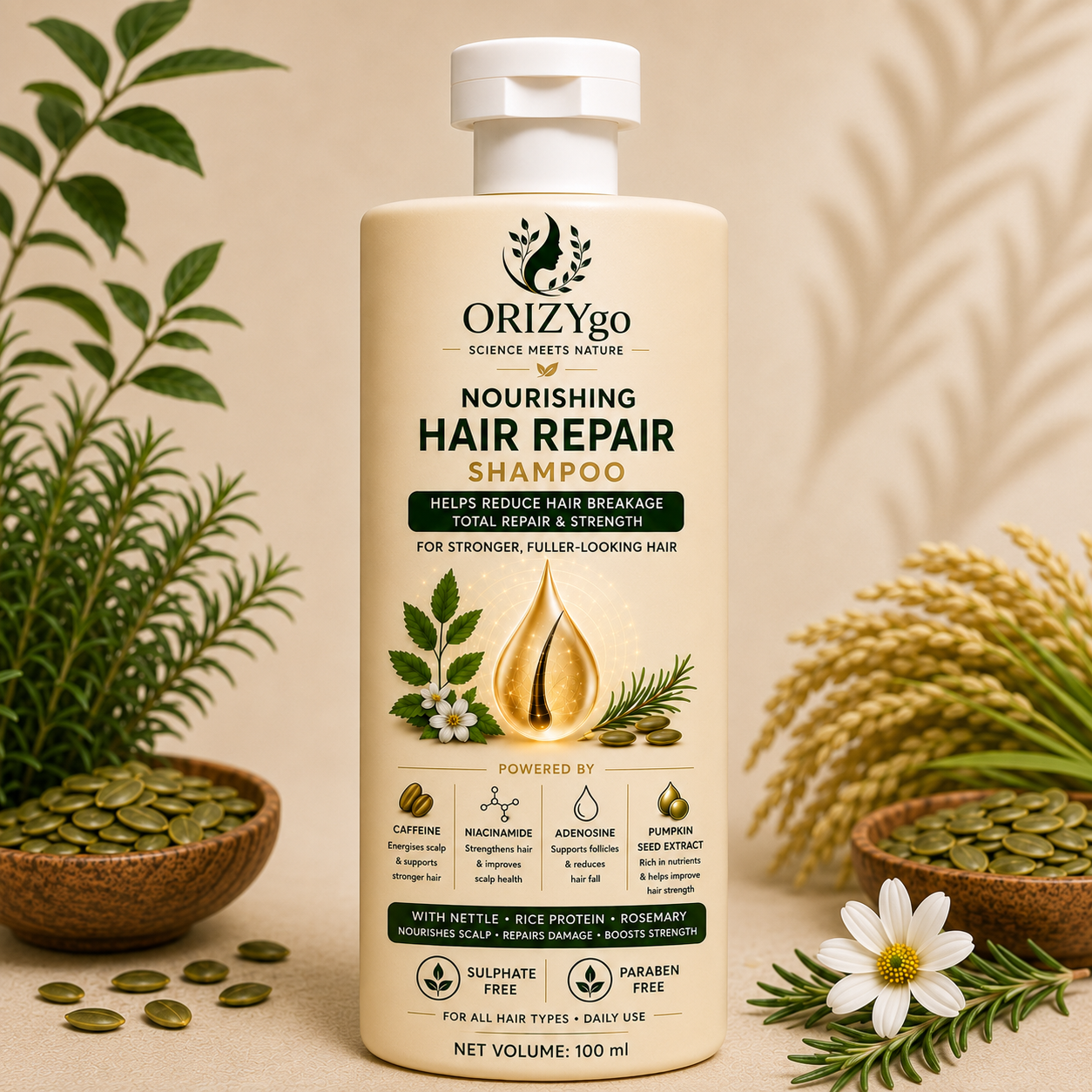 ORIZYgo Hair Repair Shampoo | Sulphate-Free Shampoo for Dry & Damaged Hair | Nourishes, Strengthens & Restores Hair