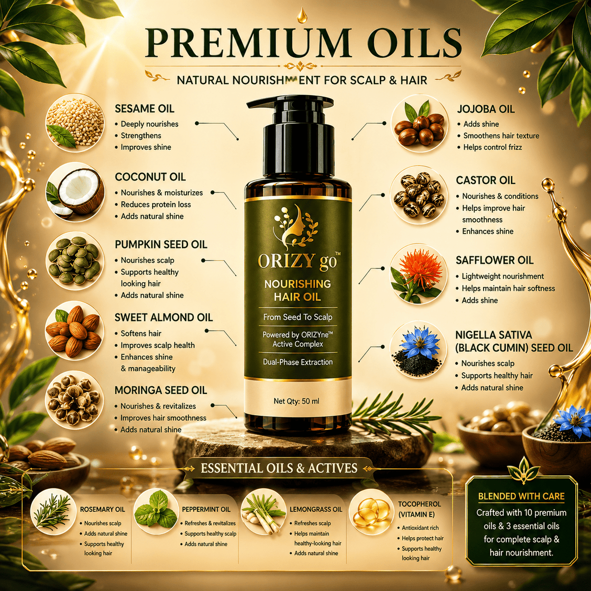 ORIZYGO Nourishing Hair Oil | Natural Hair Oil for Dry, Rough & Frizzy Hair | Deep Nourishment, Smoothness & Healthy Shine - ORIZYgo
